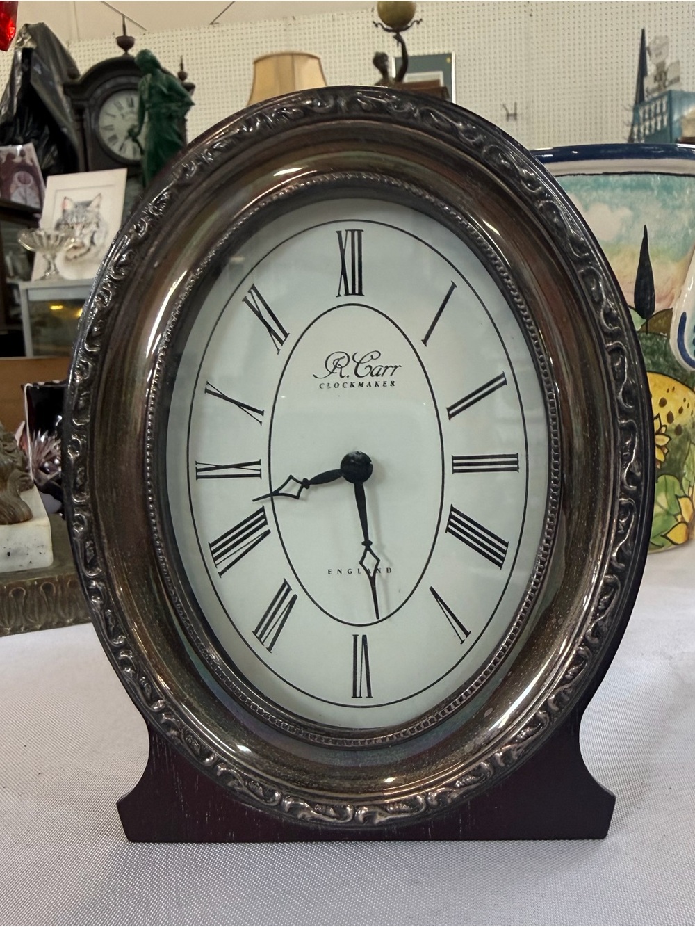 R Carr Desk Quartz Clock Sterling Silver & Wood Case Made in England